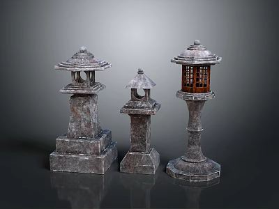 Traditional Stone Lanterns With Different Designs And Textured Bases For Outdoor Decor 3d model