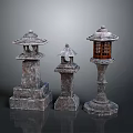 Traditional Stone Lanterns With Different Designs And Textured Bases For Outdoor Decor