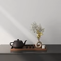 Elegant Plate Decoration With Black Teapot Wooden Tray White Vase And Flowers