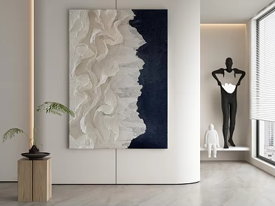 White and Dark Blue Wavy Abstract Painting in Modern Minimalist Interior with Sculptures and Plant 3d model