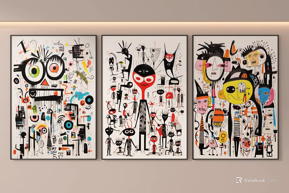 Three Colorful Abstract Art Paintings With Creative Figures And Patterns For Wall Decor 3d model 