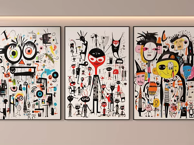Three Colorful Abstract Art Paintings With Creative Figures And Patterns For Wall Decor 3d model