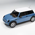 Blue Mini Style Car With Round Headlights White Roof And Front Grille Design