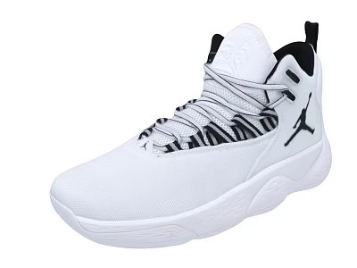 White High Top Basketball Shoes With Black Jordan Logo And Mesh Upper Design 3d model