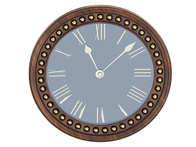 Vintage Wooden Wall Clock with Roman Numerals Blue Dial and Golden Decorative Dots 3d model