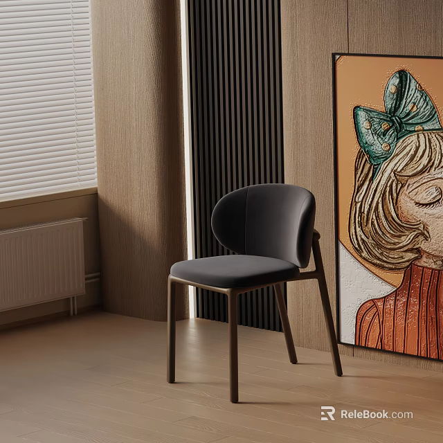 Modern Black Upholstered Dining Chair in Room with Wooden Wall and Window Blinds 3d model 