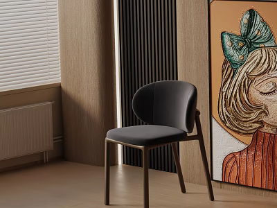 Modern Black Upholstered Dining Chair in Room with Wooden Wall and Window Blinds 3d model
