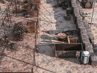 Abandoned Construction Site Featuring Truck Wooden Crates Bricks Metal Frames Dirt And Shadows 3d model