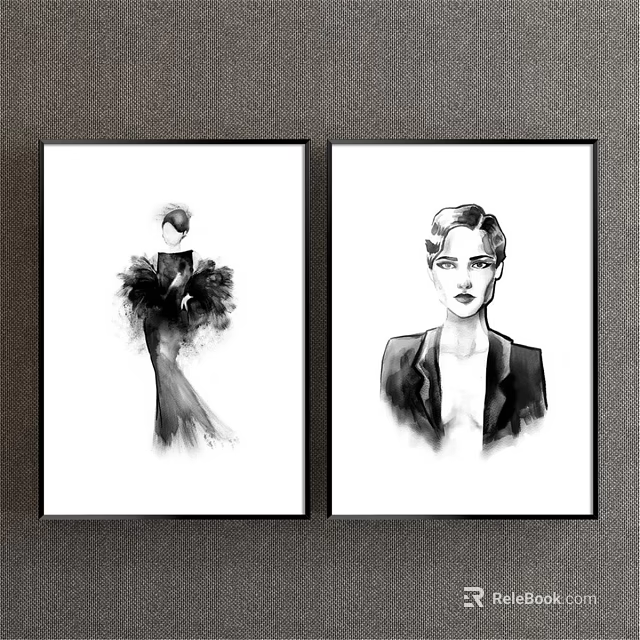 Two Black And White Portrait Paintings Featuring Elegant Dress Figure And Suited Portrait Artwork 3d model 