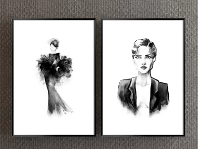 Two Black And White Portrait Paintings Featuring Elegant Dress Figure And Suited Portrait Artwork 3d model