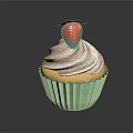 Delicious Cupcake With Green Paper Liner White Whipped Cream And Fresh Strawberry On Top