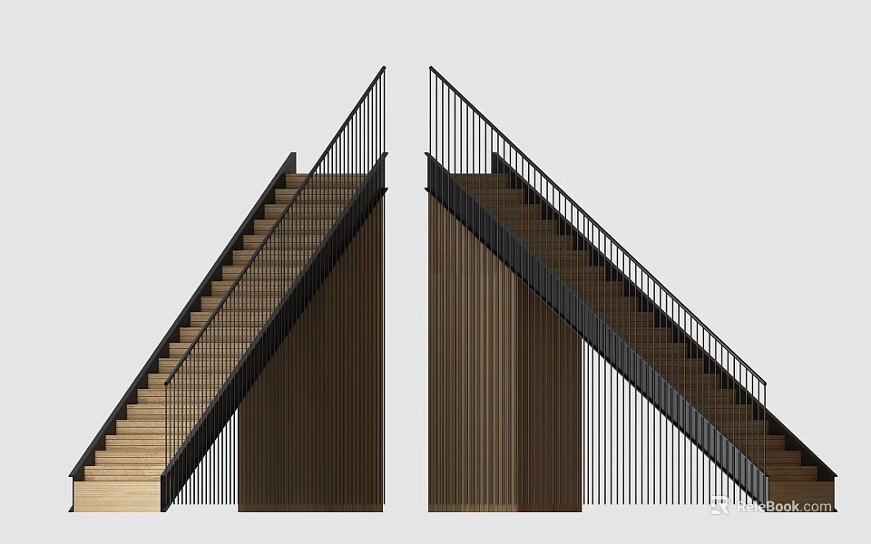 Modern Staircase With Wooden Steps Black Metal Railings And Slanted Support Structure 3d model 