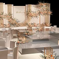 Elegant Wedding Floral Installation With Warm Flowers Golden Decor And Stage Setup