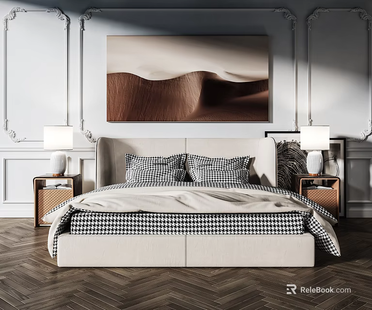 Double Bed with Checkered Bedding Desert Painting Nightstands Lamps White Paneled Wall Herringbone Floor 3d model 