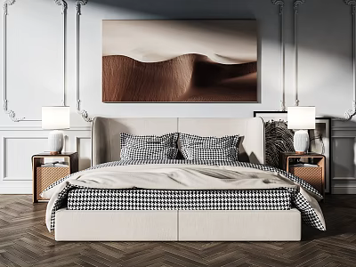 Double Bed with Checkered Bedding Desert Painting Nightstands Lamps White Paneled Wall Herringbone Floor 3d model
