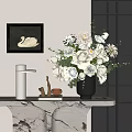 Decorative Ornament Set With White Floral Bouquet Black Vase Swan Painting And Marble Tabletop