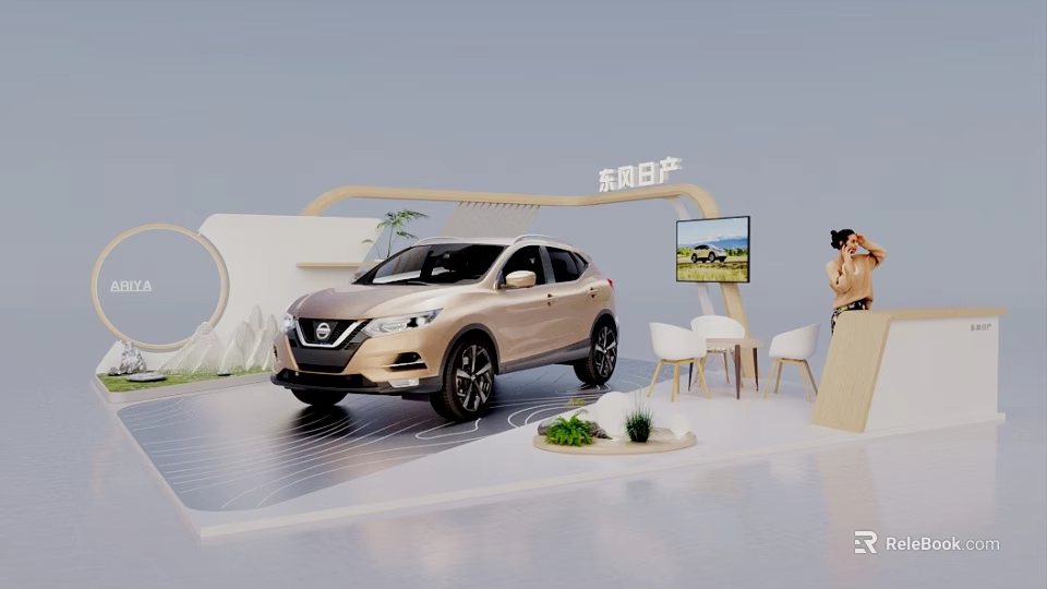 Dongfeng Nissan Exhibition Booth With Golden SUV White Chairs And Green Plants 3d model 
