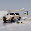 Dongfeng Nissan Exhibition Booth With Golden SUV White Chairs And Green Plants