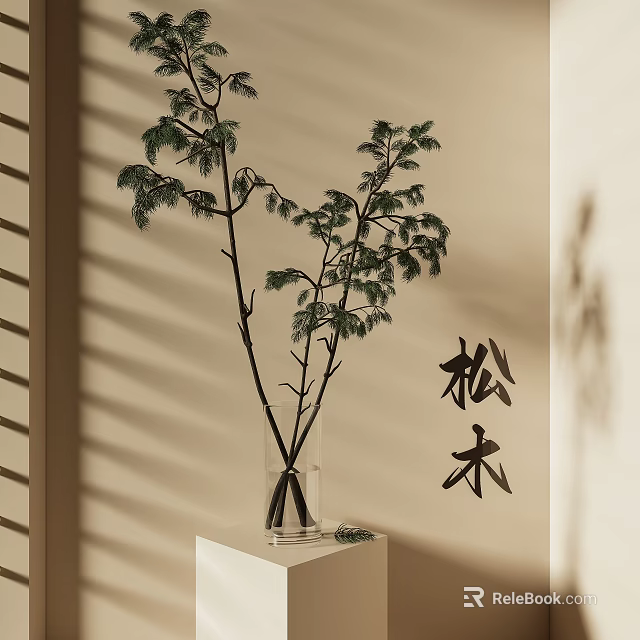 Pine Branches in Transparent Glass Vase on White Stand with Light and Shadow Background 3d model 