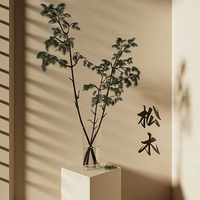 Pine Branches in Transparent Glass Vase on White Stand with Light and Shadow Background 3d model
