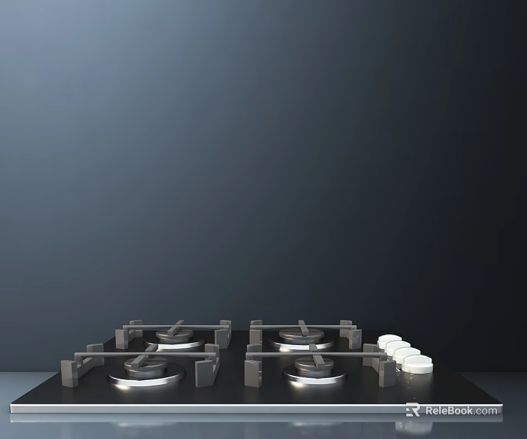 Black Gas Stove With Four Burners And White Knobs For Kitchen Appliance Use 3d model