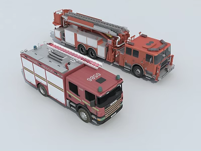 Red Fire Trucks With Ladder And Rescue Equipment For Emergency Services 3d model