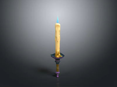 Burning Yellow Wax Candle With Blue Flame On Purple Gold Candlestick Base 3d model