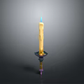 Burning Yellow Wax Candle With Blue Flame On Purple Gold Candlestick Base