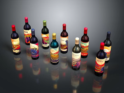 Colorful Wine Bottles With Various Label Designs Arranged On Dark Reflective Background 3d model