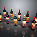 Colorful Wine Bottles With Various Label Designs Arranged On Dark Reflective Background