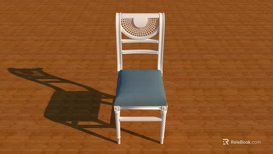 White Frame Leisure Chair With Blue Cushion And Woven Backrest On Wooden Floor 3d model 