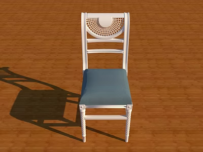 White Frame Leisure Chair With Blue Cushion And Woven Backrest On Wooden Floor 3d model