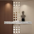 Modern Entryway Hallway With Wooden Panel Circular Hole Partition Marble Countertop And Sculpture Decor
