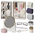 Modern Vanity with Drawers and Stool Featuring Cosmetics Accessories Mirror Watches and Lipsticks