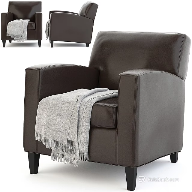 Dark Brown Leather Single Sofa with Gray Fringe Blanket Modern Design Armrest and Black Legs 3d model 