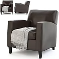 Dark Brown Leather Single Sofa with Gray Fringe Blanket Modern Design Armrest and Black Legs