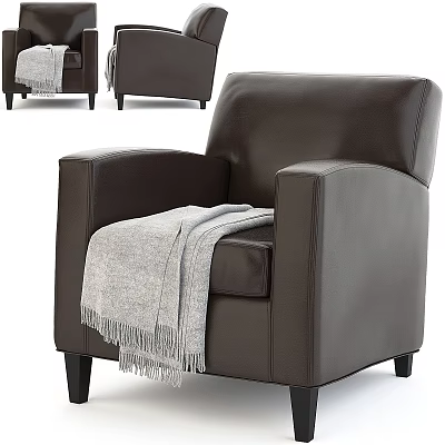 Dark Brown Leather Single Sofa with Gray Fringe Blanket Modern Design Armrest and Black Legs 3d model