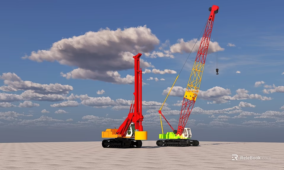 Red And Yellow Green Crane Functional Vehicles Operating Under Blue Sky With White Clouds 3d model 