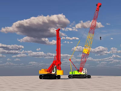 Red And Yellow Green Crane Functional Vehicles Operating Under Blue Sky With White Clouds 3d model