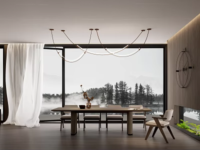 Modern Restaurant Interior Design With Open Layout Large Windows Wooden Dining Table And Chandelier 3d model