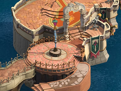 Cartoon Fantasy Castle Platform With Red Brick Floor Central Pillar Stone Steps And Hanging Banners 3d model