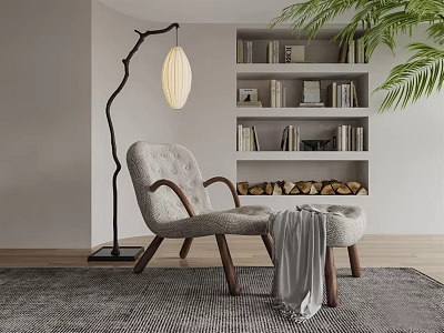 Cozy Accent Chair With Ottoman Blanket And Floor Lamp Near Bookshelf And Plant On Rug 3d model