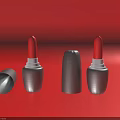 Three Cosmetic Lipsticks With Open And Closed Black Cases On Red Background