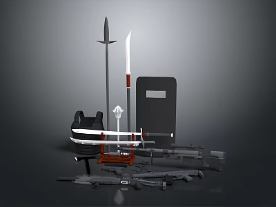 Different Types Of Weapons Including Swords Rocket Launcher Shield And Guns On 3d model Different Types Of Weapons Including Swords Rocket Launcher Shield And Guns On 3d model