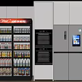 Modern Kitchen Featuring Drink Display Cooler Double Door Refrigerator and Combination Refrigerator with Oven