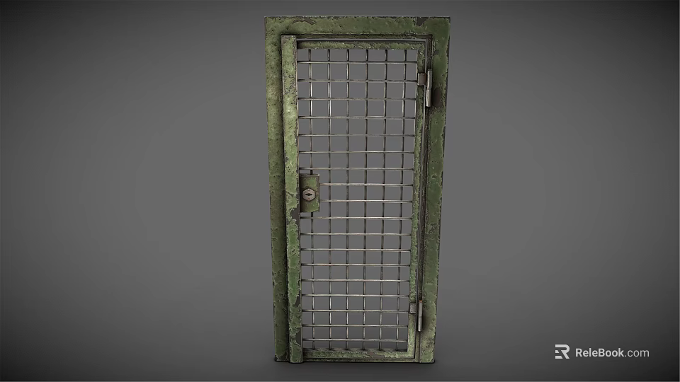 Green Metal Swing Door With Grid Design Frame Lock And Hinges 3d model