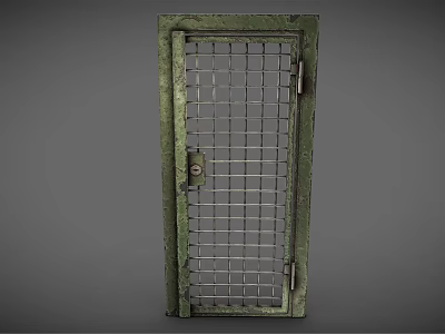 Green Metal Swing Door With Grid Design Frame Lock And Hinges 3d model