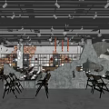 Industrial Style Hotpot Restaurant Interior With Pendant Lights Dining Tables And Brick Walls