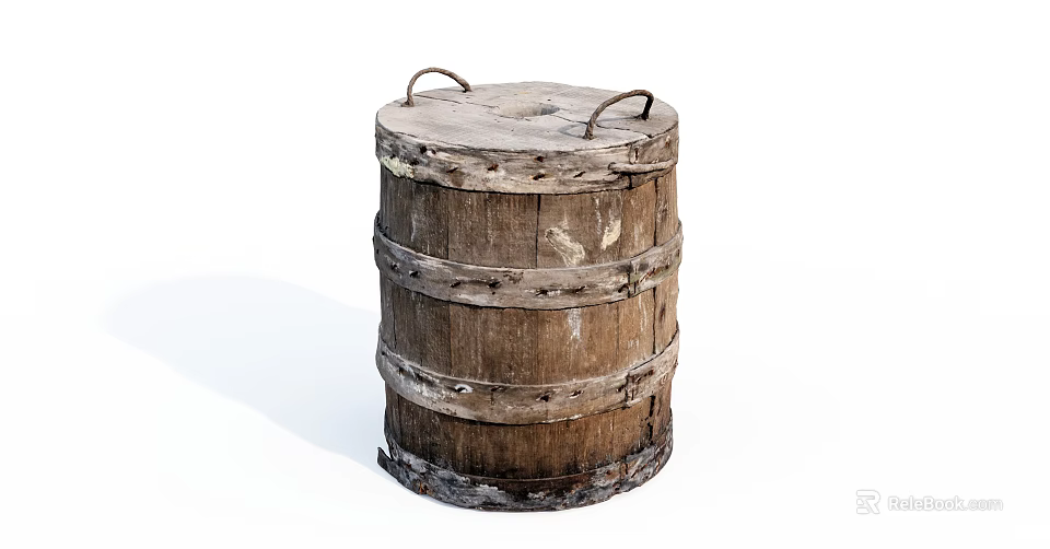 Rustic Vintage Wooden Barrel Decorative Ornament Set With Metal Handles 3d model 