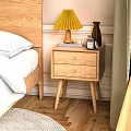 Wooden Bedside Table with Two Drawers Yellow Lamp and Vase in Bedroom